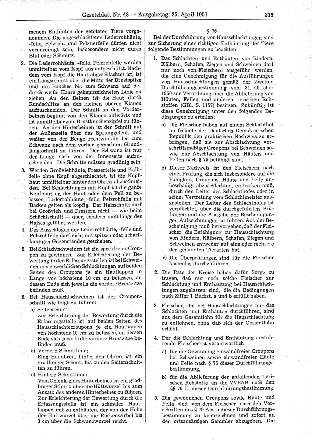 Gesetzblatt (GBl.) der Deutschen Demokratischen Republik (DDR) 1951, Seite 319 (GBl. DDR 1951, S. 319)