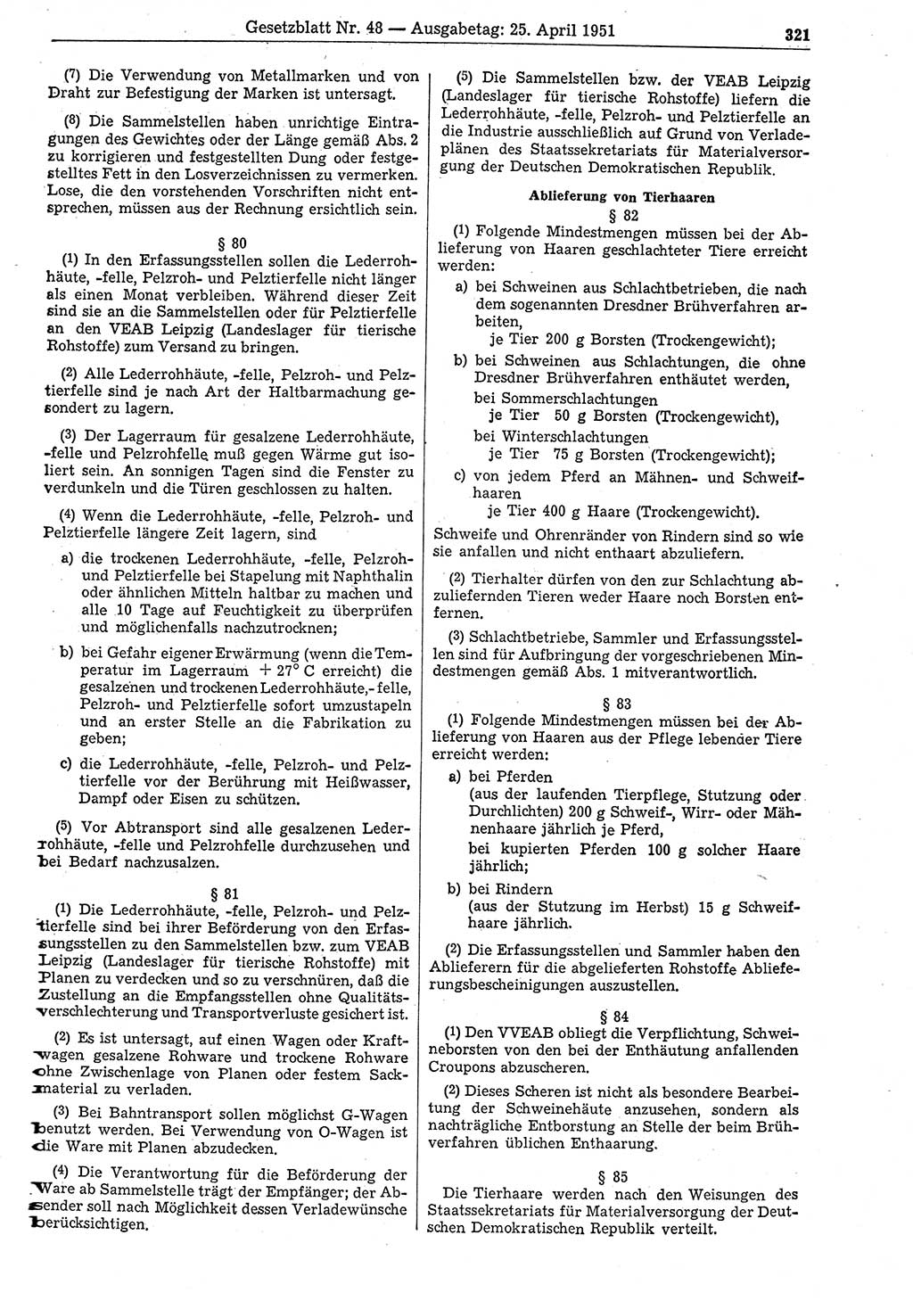 Gesetzblatt (GBl.) der Deutschen Demokratischen Republik (DDR) 1951, Seite 321 (GBl. DDR 1951, S. 321)