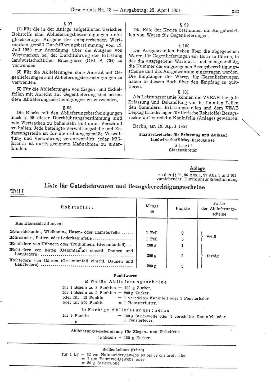 Gesetzblatt (GBl.) der Deutschen Demokratischen Republik (DDR) 1951, Seite 323 (GBl. DDR 1951, S. 323)