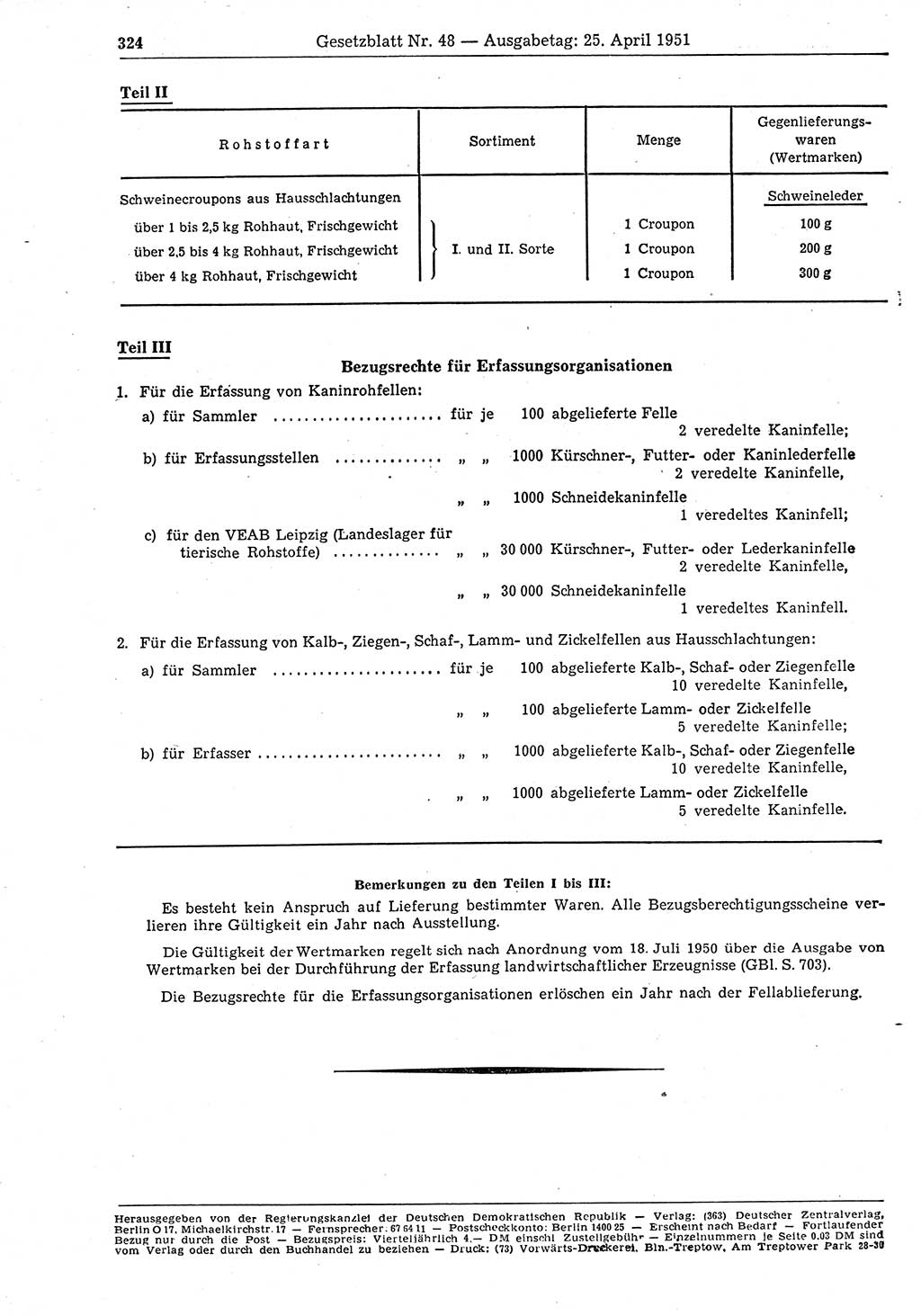 Gesetzblatt (GBl.) der Deutschen Demokratischen Republik (DDR) 1951, Seite 324 (GBl. DDR 1951, S. 324)