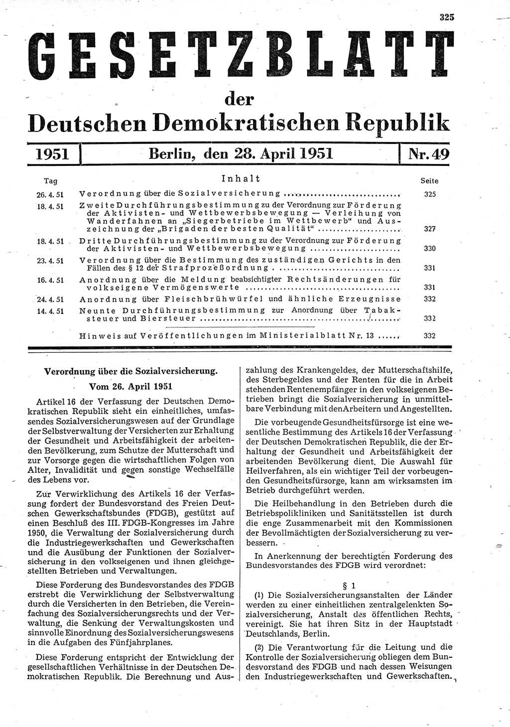 Gesetzblatt (GBl.) der Deutschen Demokratischen Republik (DDR) 1951, Seite 325 (GBl. DDR 1951, S. 325)