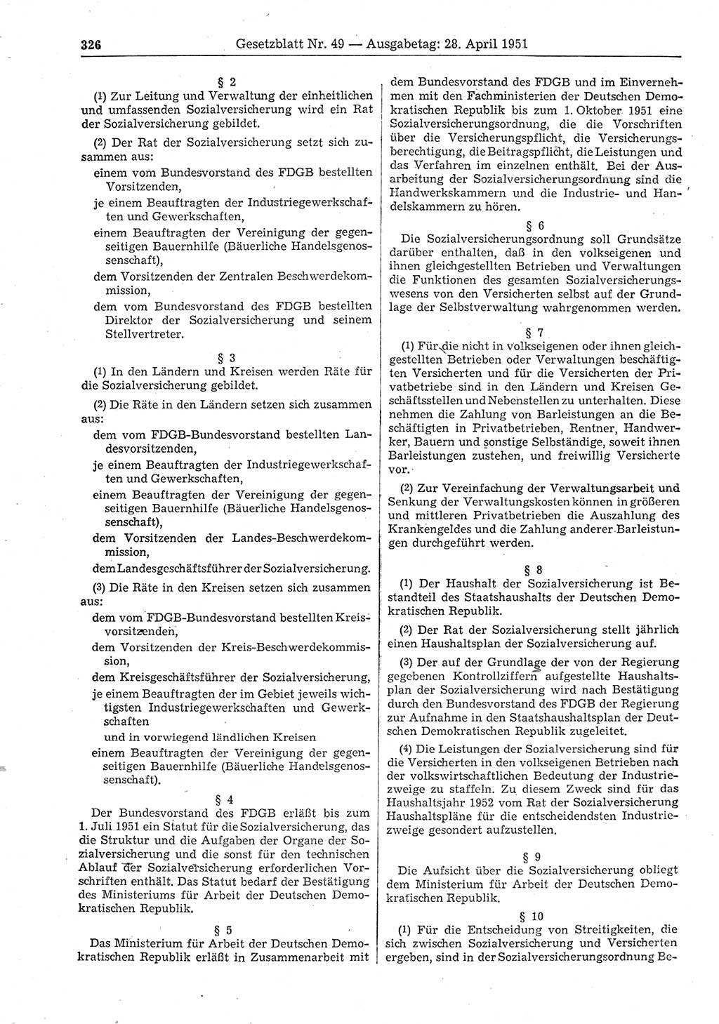 Gesetzblatt (GBl.) der Deutschen Demokratischen Republik (DDR) 1951, Seite 326 (GBl. DDR 1951, S. 326)