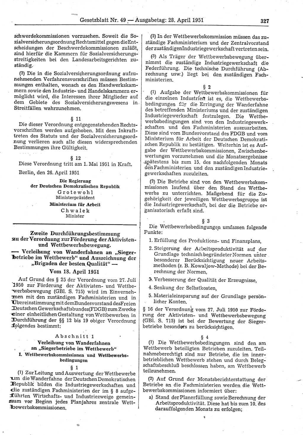 Gesetzblatt (GBl.) der Deutschen Demokratischen Republik (DDR) 1951, Seite 327 (GBl. DDR 1951, S. 327)