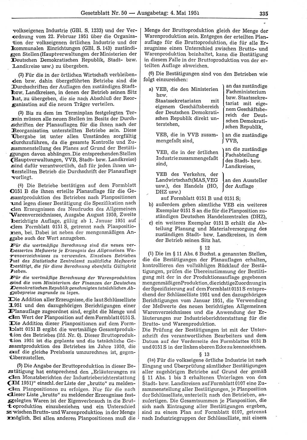 Gesetzblatt (GBl.) der Deutschen Demokratischen Republik (DDR) 1951, Seite 335 (GBl. DDR 1951, S. 335)