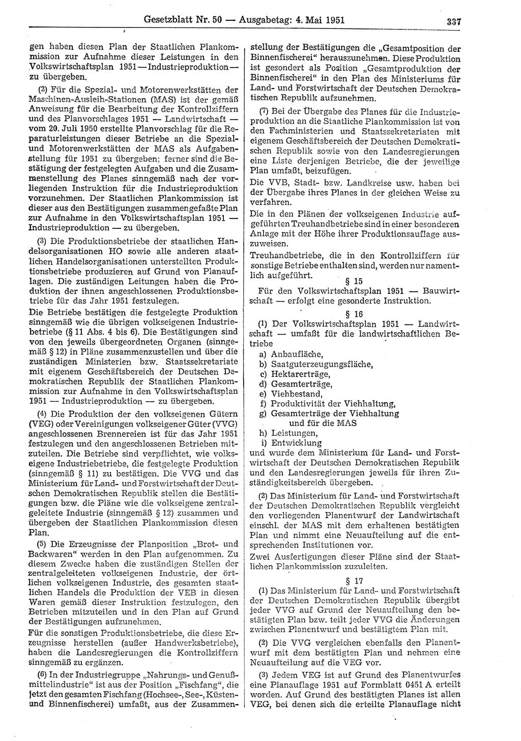 Gesetzblatt (GBl.) der Deutschen Demokratischen Republik (DDR) 1951, Seite 337 (GBl. DDR 1951, S. 337)