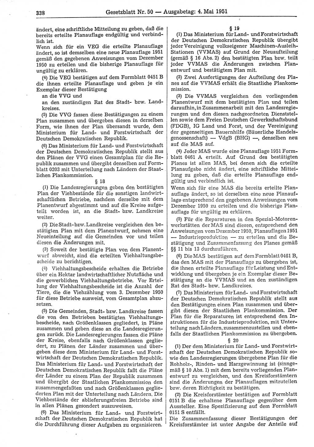 Gesetzblatt (GBl.) der Deutschen Demokratischen Republik (DDR) 1951, Seite 338 (GBl. DDR 1951, S. 338)