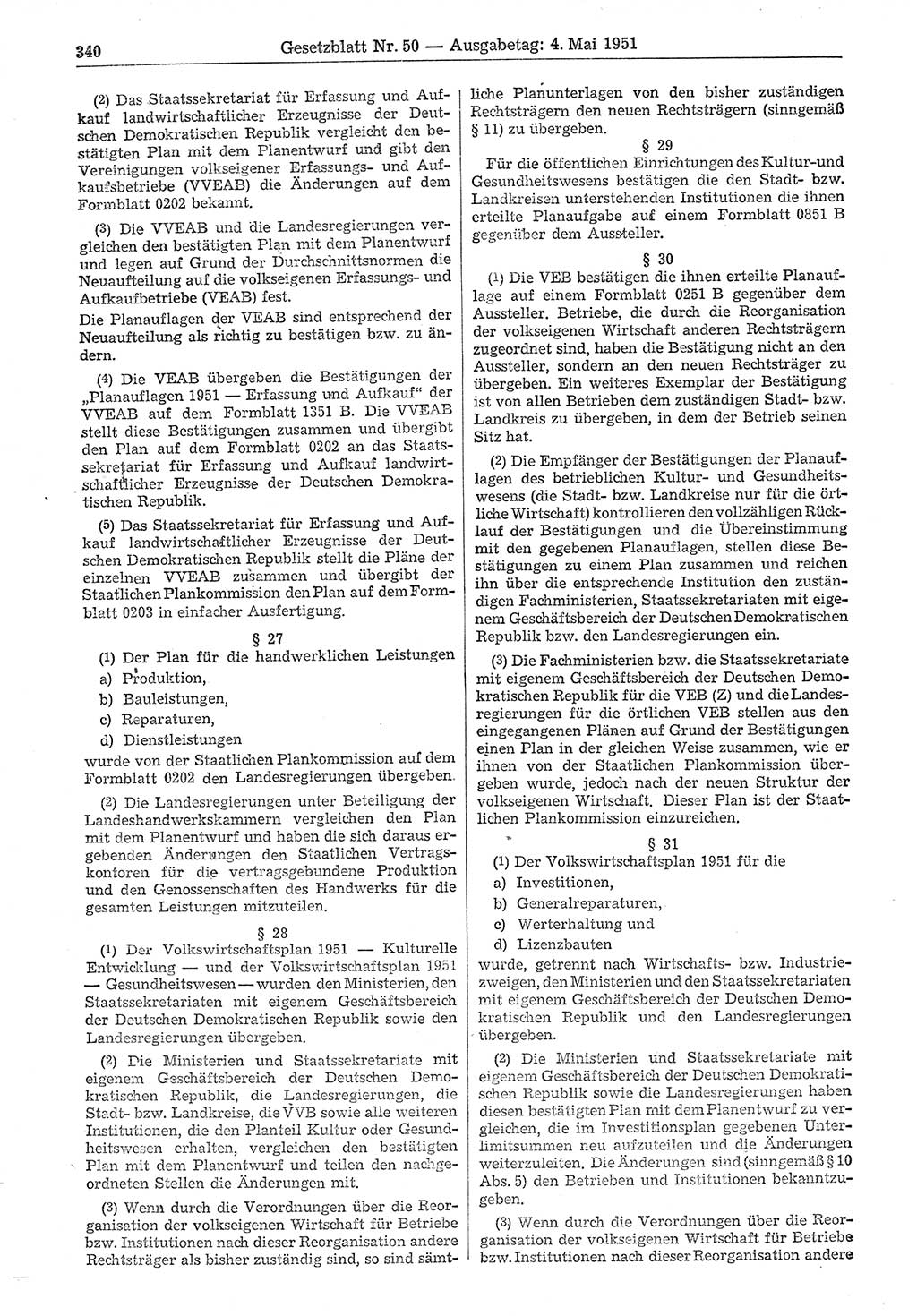 Gesetzblatt (GBl.) der Deutschen Demokratischen Republik (DDR) 1951, Seite 340 (GBl. DDR 1951, S. 340)
