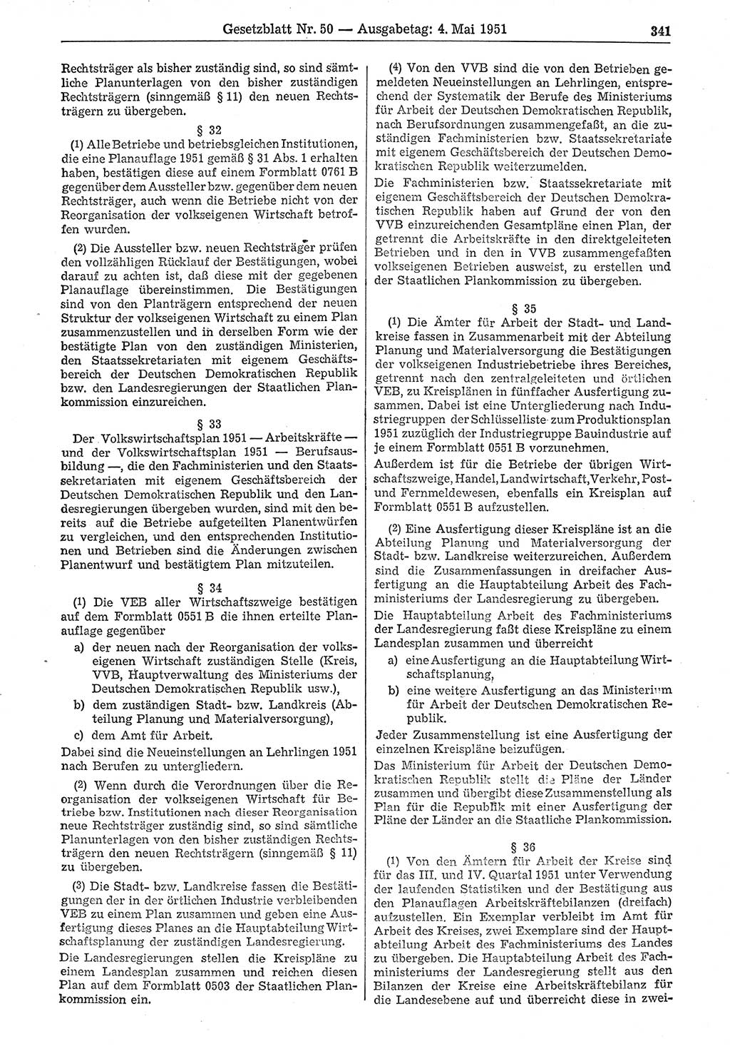 Gesetzblatt (GBl.) der Deutschen Demokratischen Republik (DDR) 1951, Seite 341 (GBl. DDR 1951, S. 341)