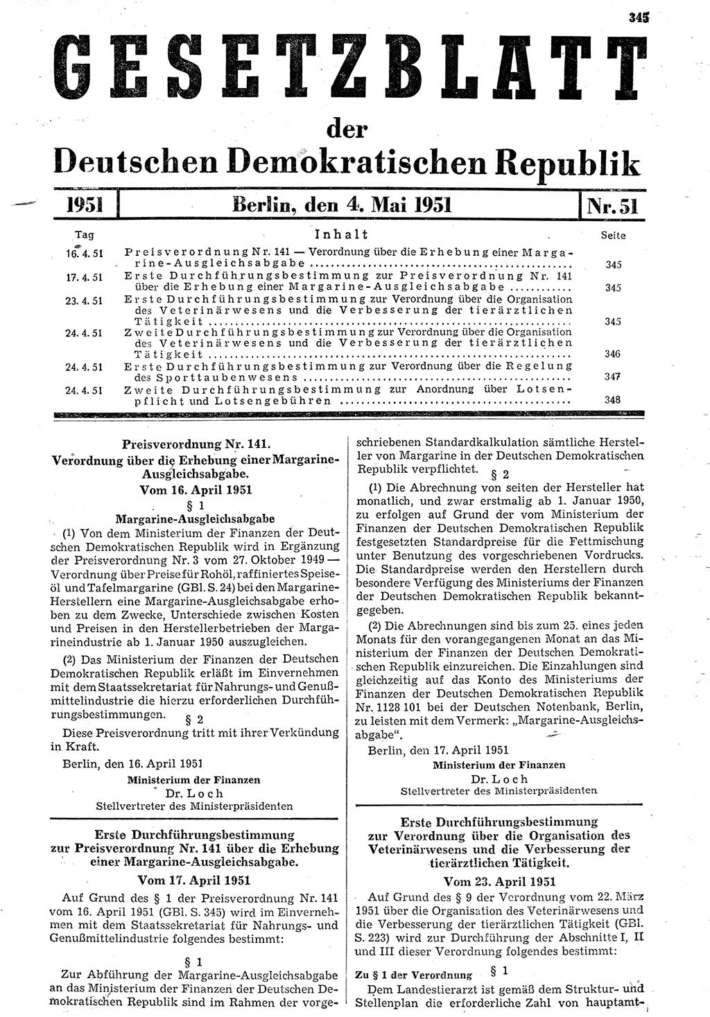 Gesetzblatt (GBl.) der Deutschen Demokratischen Republik (DDR) 1951, Seite 345 (GBl. DDR 1951, S. 345)
