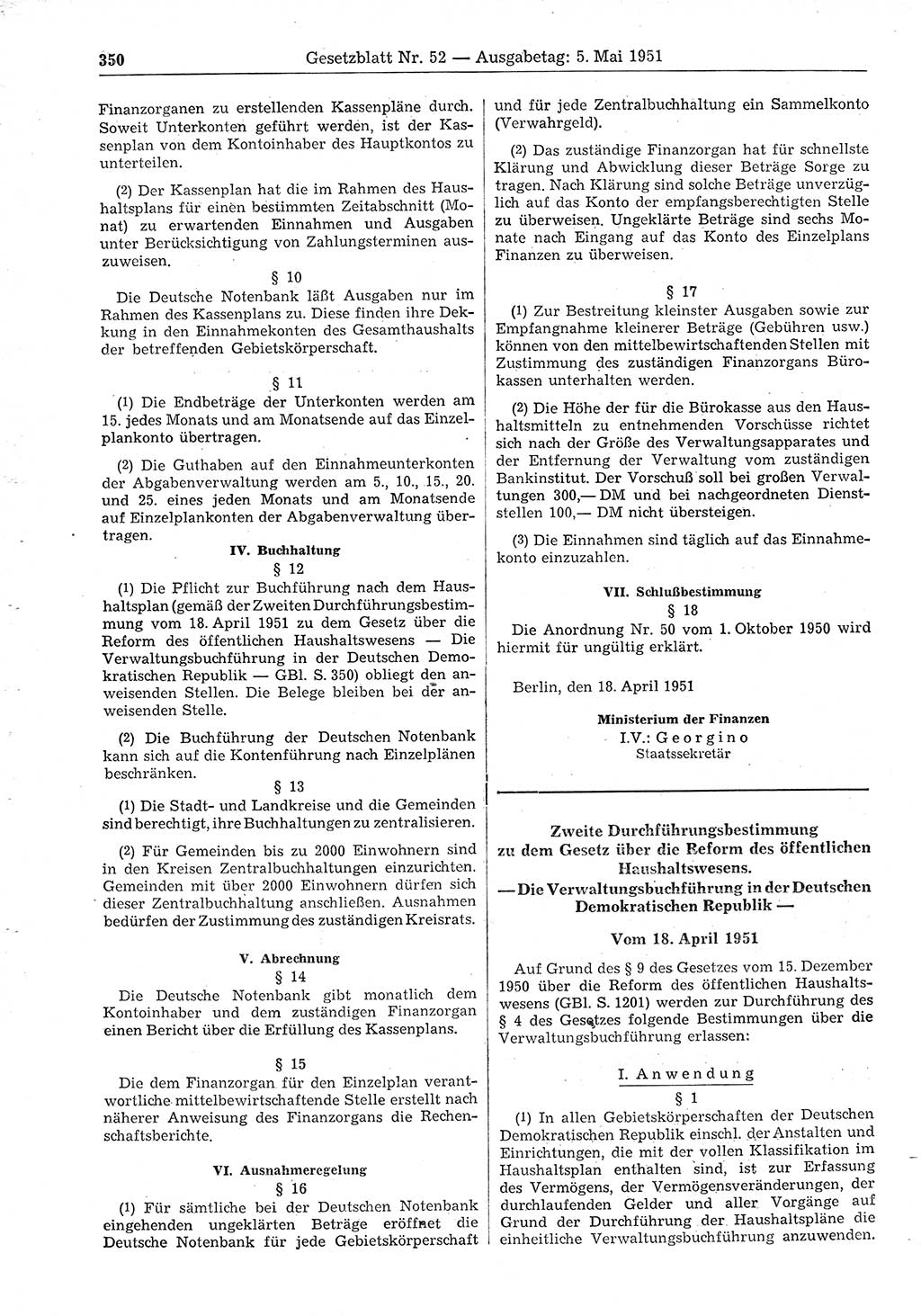 Gesetzblatt (GBl.) der Deutschen Demokratischen Republik (DDR) 1951, Seite 350 (GBl. DDR 1951, S. 350)