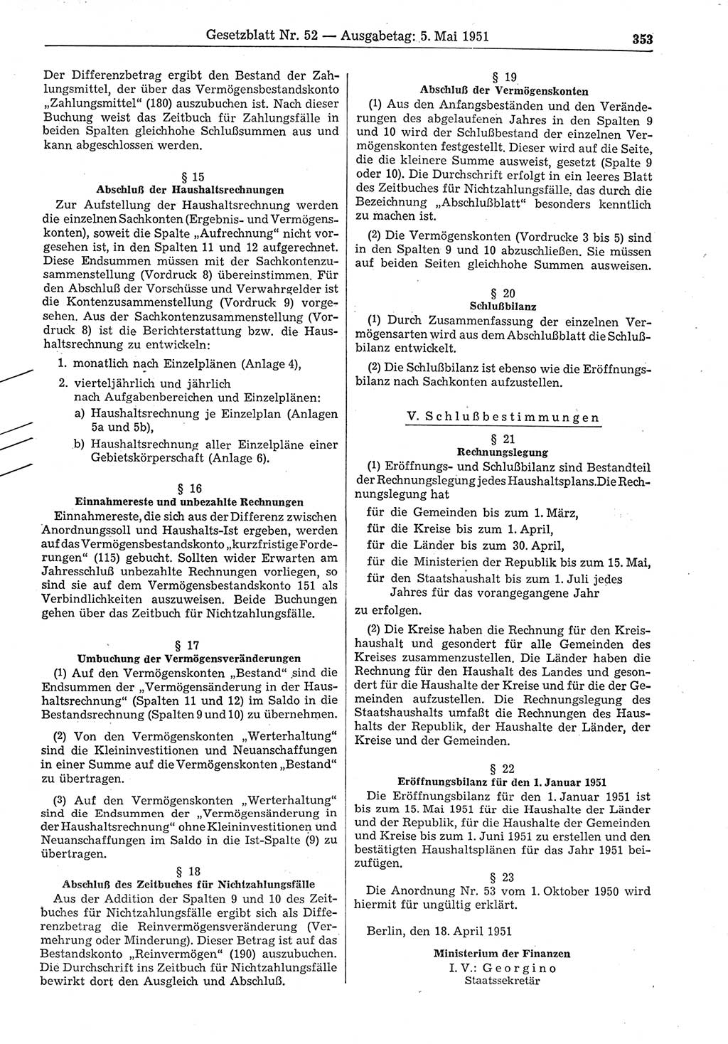 Gesetzblatt (GBl.) der Deutschen Demokratischen Republik (DDR) 1951, Seite 353 (GBl. DDR 1951, S. 353)