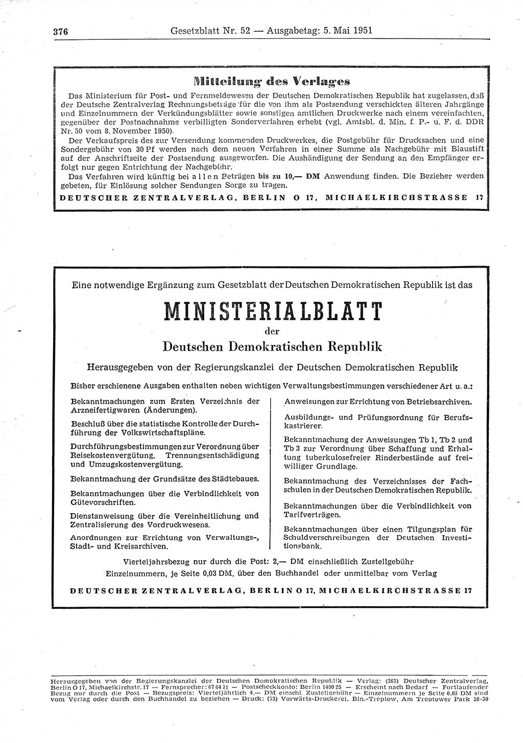 Gesetzblatt (GBl.) der Deutschen Demokratischen Republik (DDR) 1951, Seite 376 (GBl. DDR 1951, S. 376)