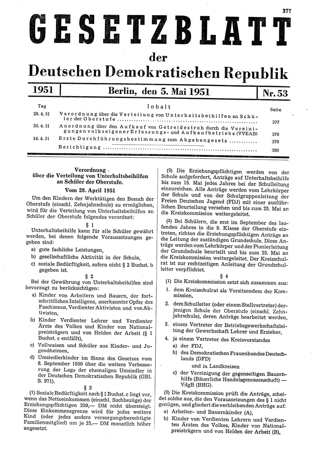 Gesetzblatt (GBl.) der Deutschen Demokratischen Republik (DDR) 1951, Seite 377 (GBl. DDR 1951, S. 377)