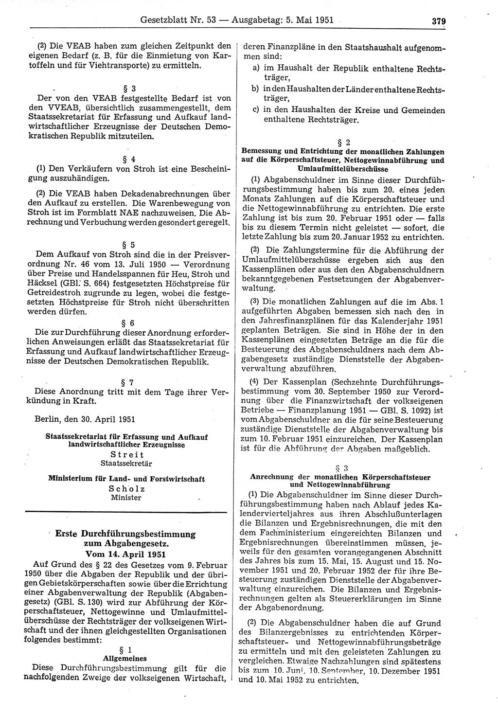 Gesetzblatt (GBl.) der Deutschen Demokratischen Republik (DDR) 1951, Seite 379 (GBl. DDR 1951, S. 379)