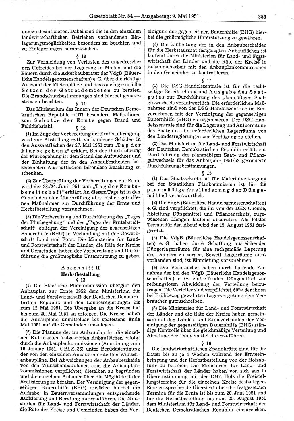 Gesetzblatt (GBl.) der Deutschen Demokratischen Republik (DDR) 1951, Seite 383 (GBl. DDR 1951, S. 383)