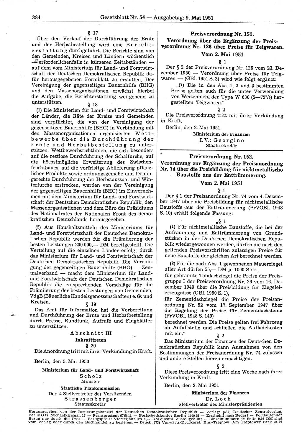 Gesetzblatt (GBl.) der Deutschen Demokratischen Republik (DDR) 1951, Seite 384 (GBl. DDR 1951, S. 384)