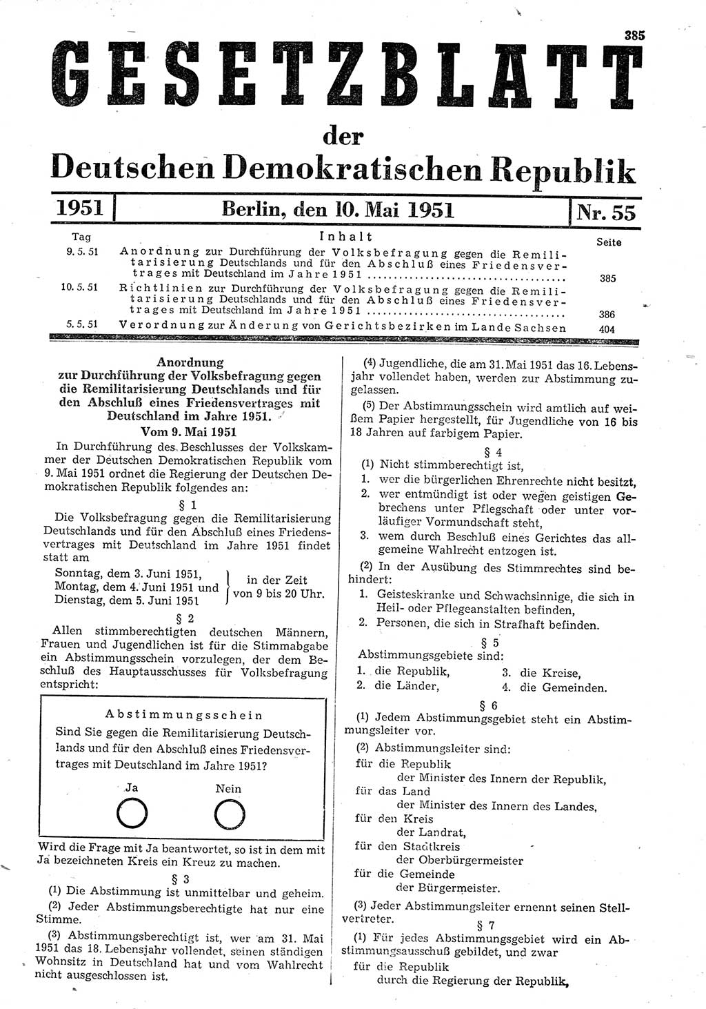 Gesetzblatt (GBl.) der Deutschen Demokratischen Republik (DDR) 1951, Seite 385 (GBl. DDR 1951, S. 385)