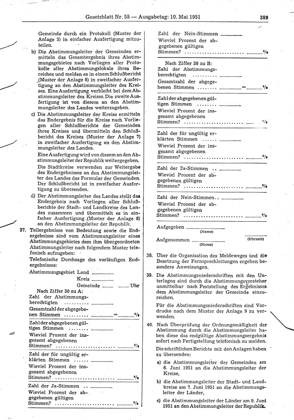 Gesetzblatt (GBl.) der Deutschen Demokratischen Republik (DDR) 1951, Seite 389 (GBl. DDR 1951, S. 389)