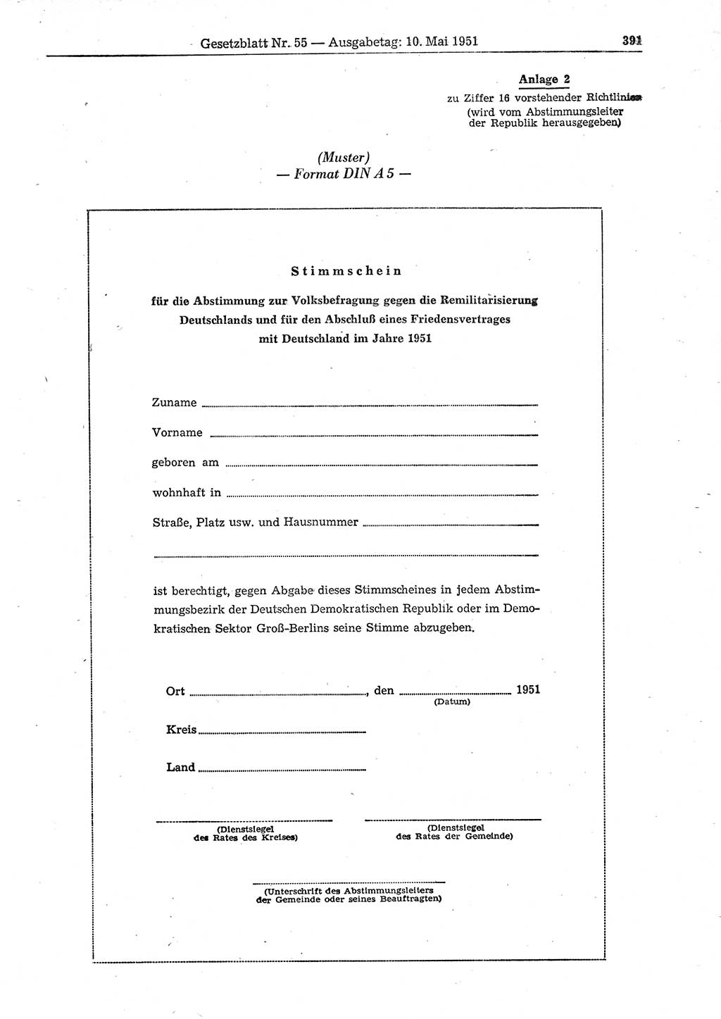 Gesetzblatt (GBl.) der Deutschen Demokratischen Republik (DDR) 1951, Seite 391 (GBl. DDR 1951, S. 391)