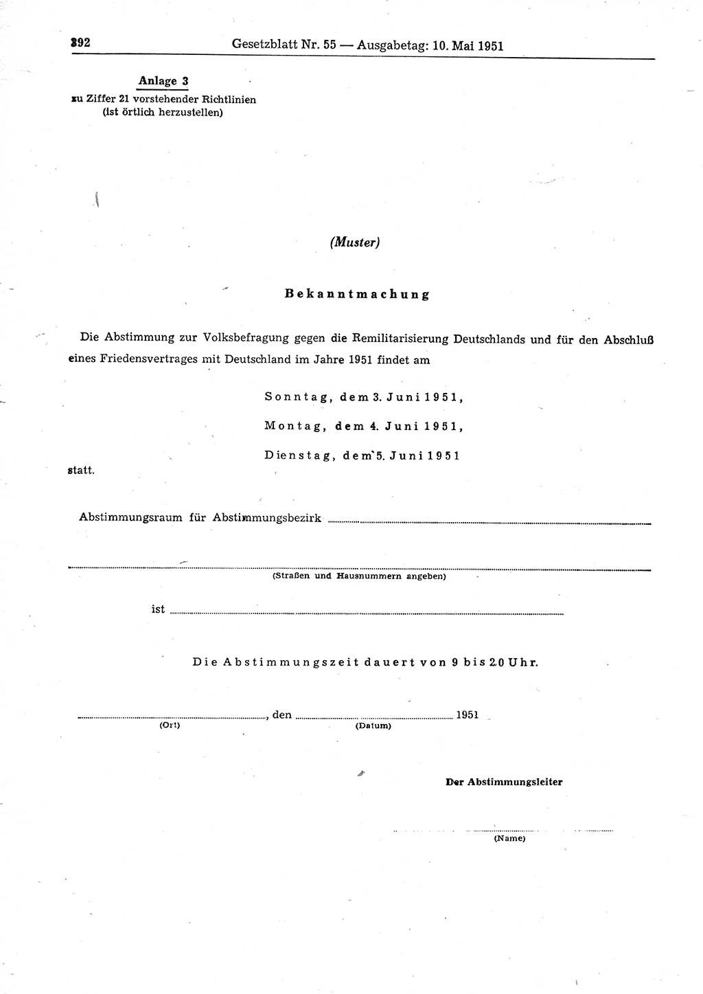 Gesetzblatt (GBl.) der Deutschen Demokratischen Republik (DDR) 1951, Seite 392 (GBl. DDR 1951, S. 392)