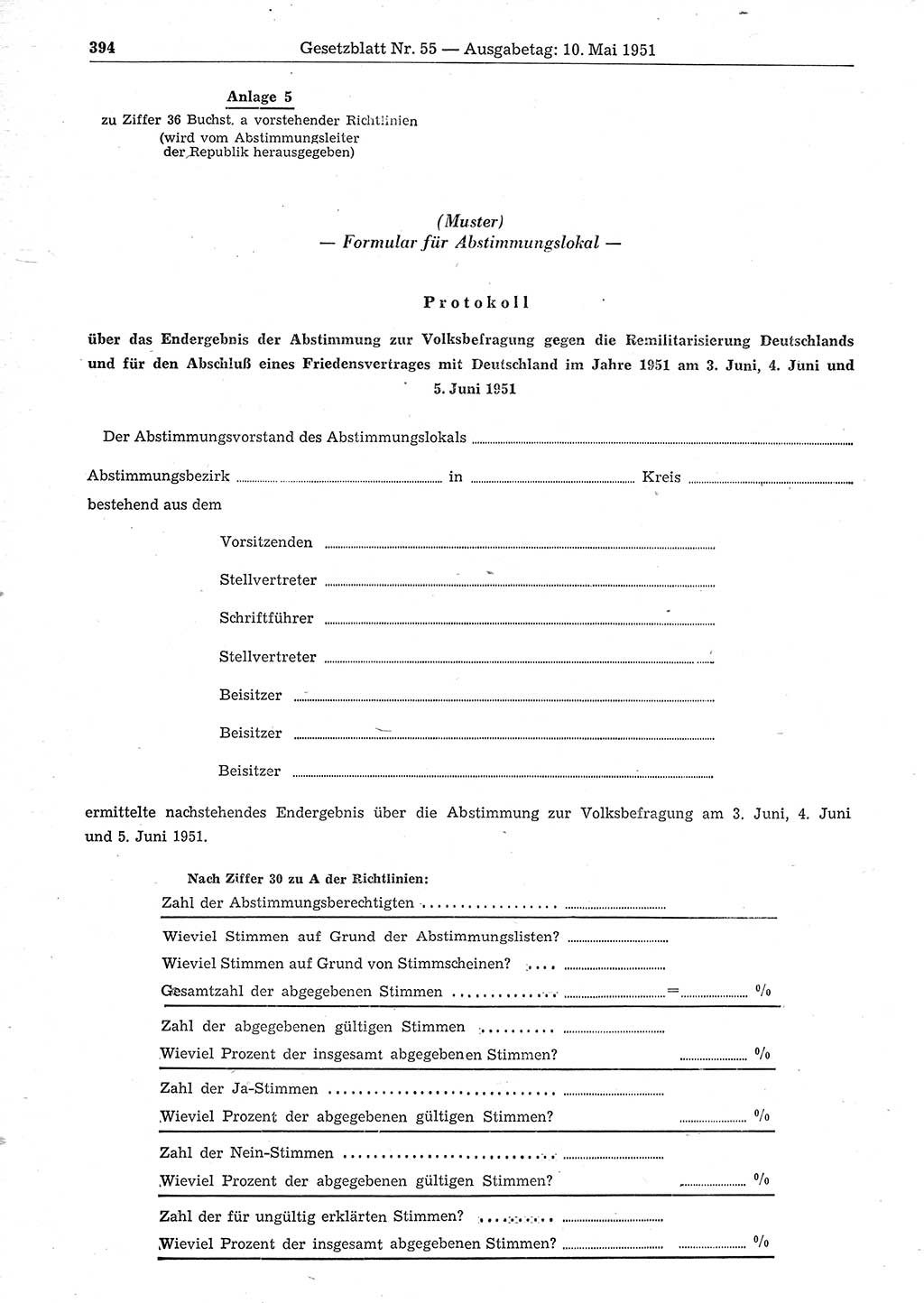 Gesetzblatt (GBl.) der Deutschen Demokratischen Republik (DDR) 1951, Seite 394 (GBl. DDR 1951, S. 394)