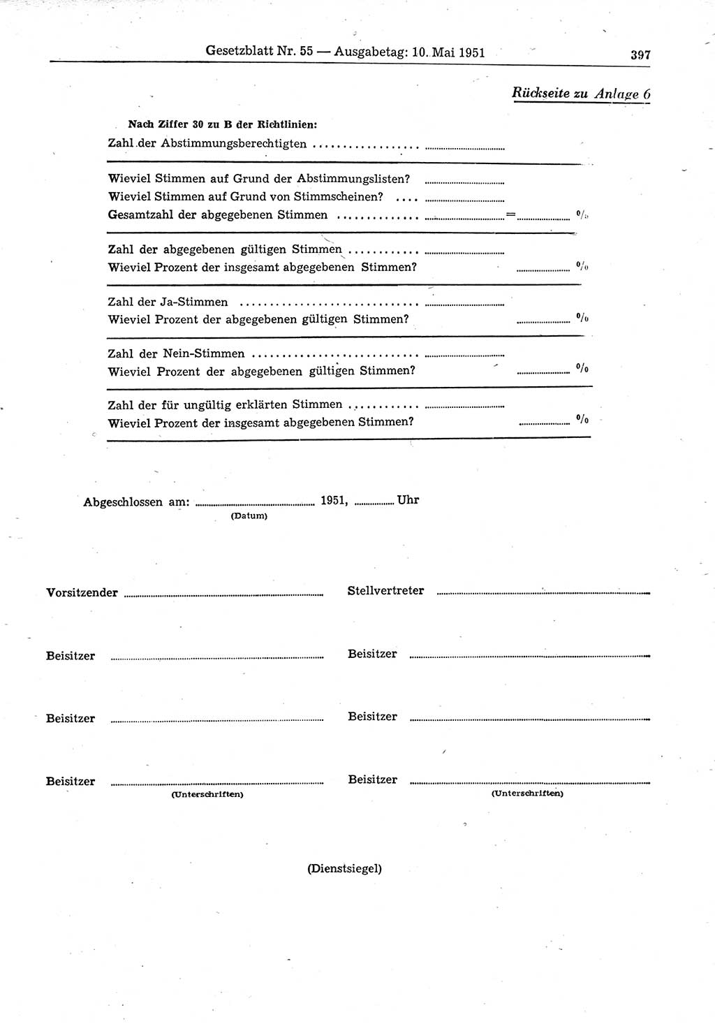 Gesetzblatt (GBl.) der Deutschen Demokratischen Republik (DDR) 1951, Seite 397 (GBl. DDR 1951, S. 397)