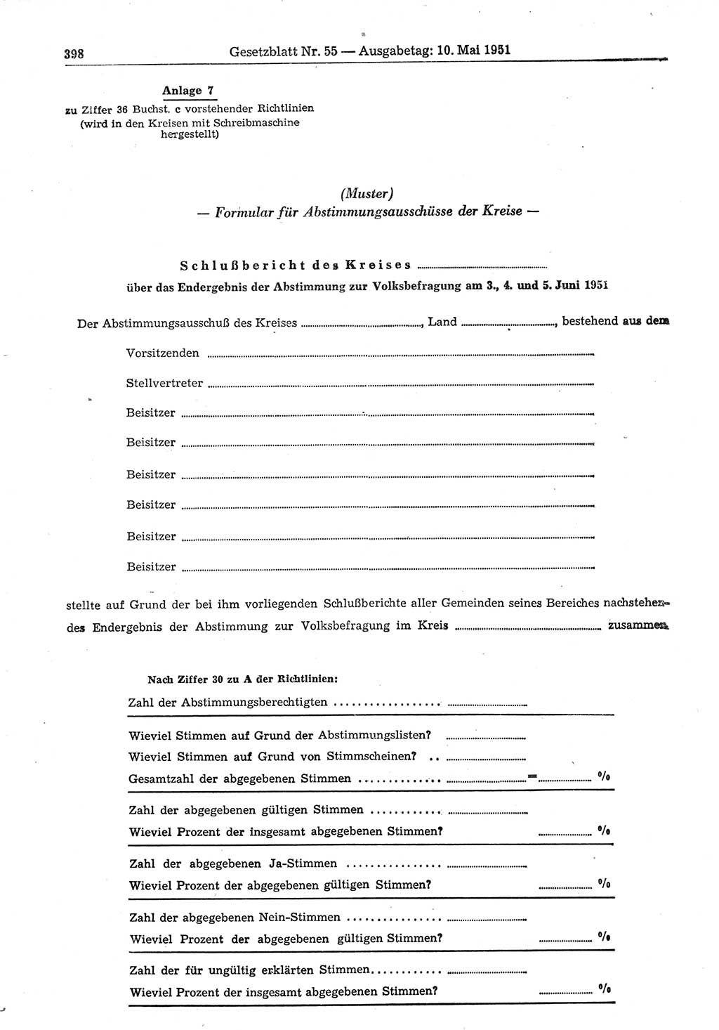 Gesetzblatt (GBl.) der Deutschen Demokratischen Republik (DDR) 1951, Seite 398 (GBl. DDR 1951, S. 398)