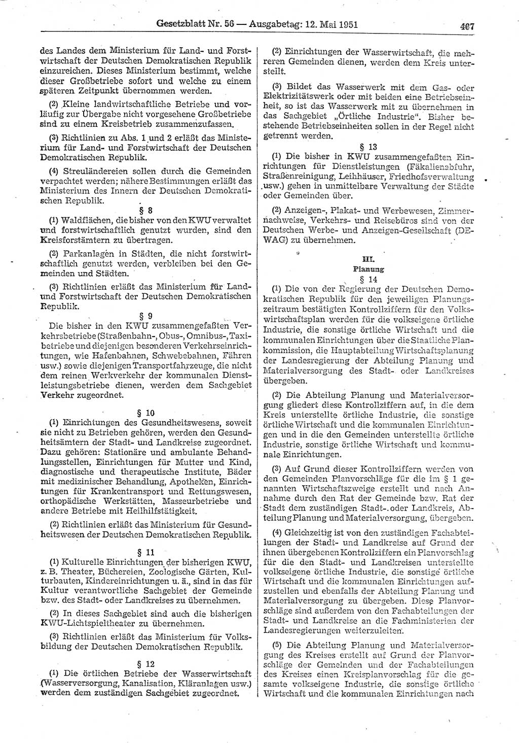 Gesetzblatt (GBl.) der Deutschen Demokratischen Republik (DDR) 1951, Seite 407 (GBl. DDR 1951, S. 407)