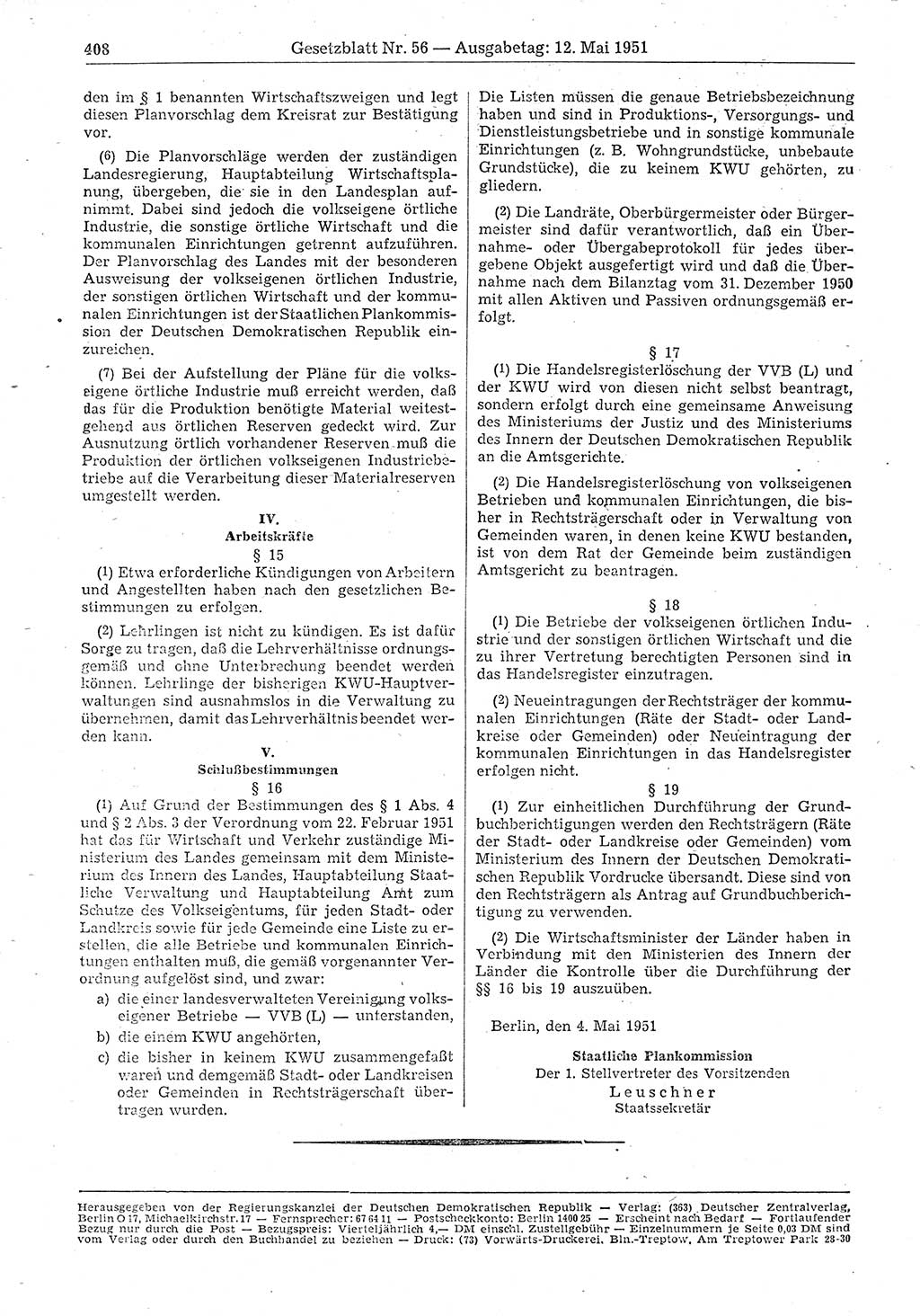 Gesetzblatt (GBl.) der Deutschen Demokratischen Republik (DDR) 1951, Seite 408 (GBl. DDR 1951, S. 408)