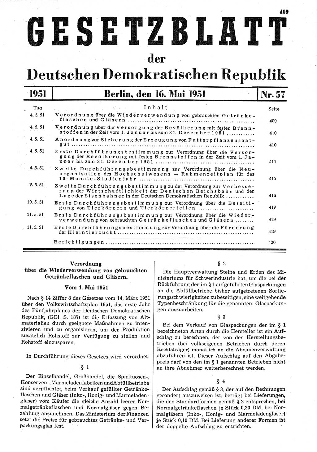 Gesetzblatt (GBl.) der Deutschen Demokratischen Republik (DDR) 1951, Seite 409 (GBl. DDR 1951, S. 409)