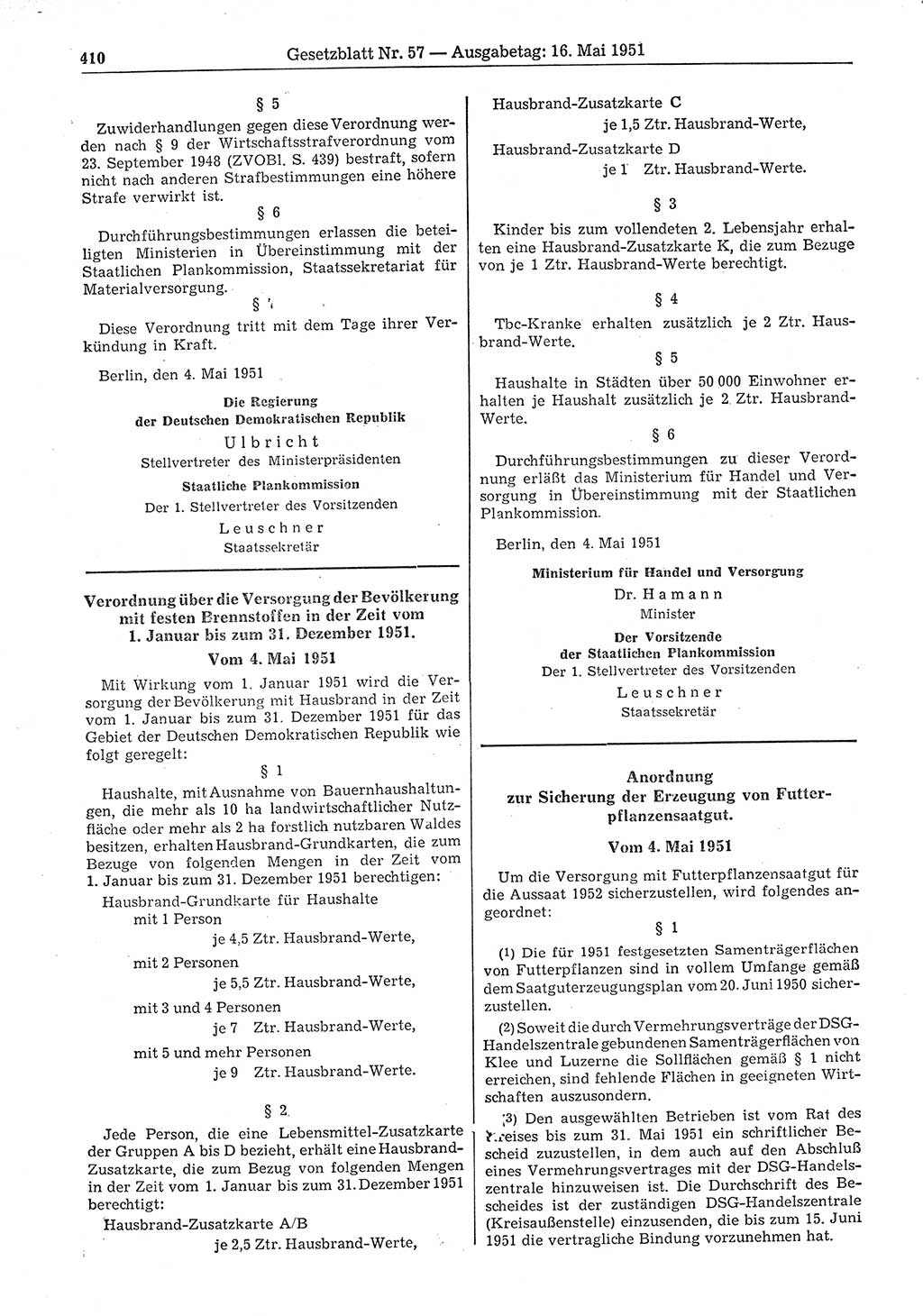 Gesetzblatt (GBl.) der Deutschen Demokratischen Republik (DDR) 1951, Seite 410 (GBl. DDR 1951, S. 410)
