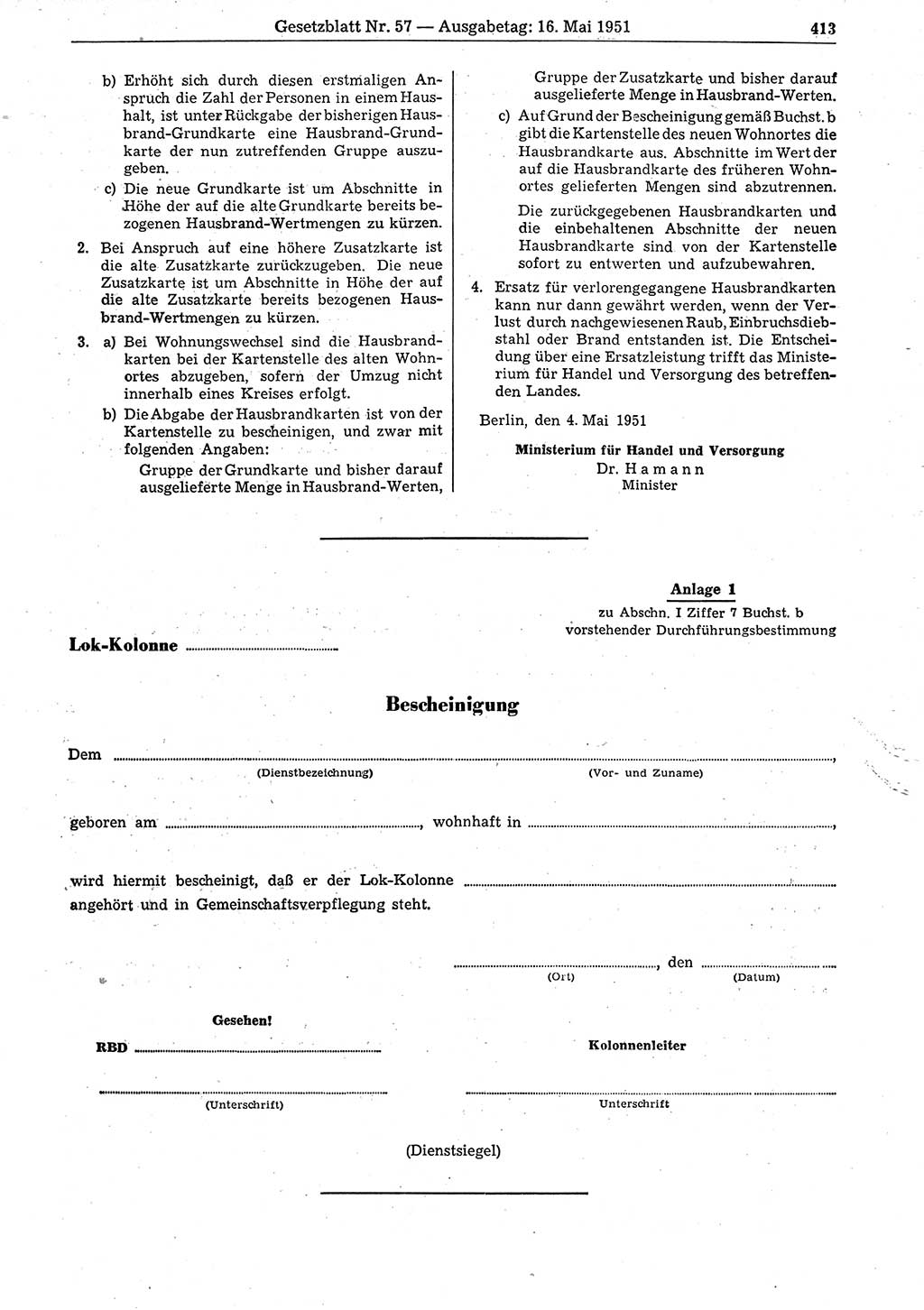 Gesetzblatt (GBl.) der Deutschen Demokratischen Republik (DDR) 1951, Seite 413 (GBl. DDR 1951, S. 413)