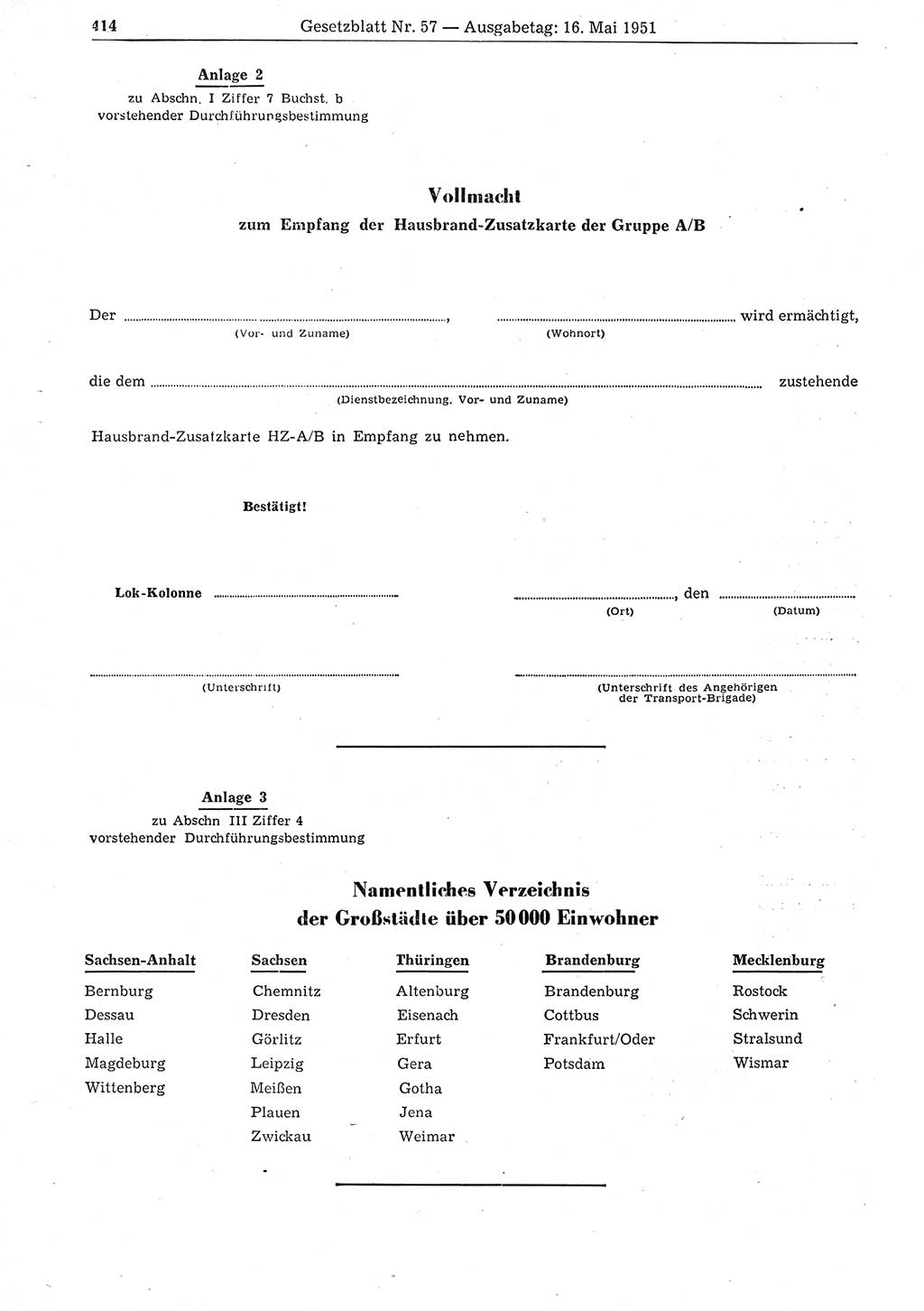 Gesetzblatt (GBl.) der Deutschen Demokratischen Republik (DDR) 1951, Seite 414 (GBl. DDR 1951, S. 414)