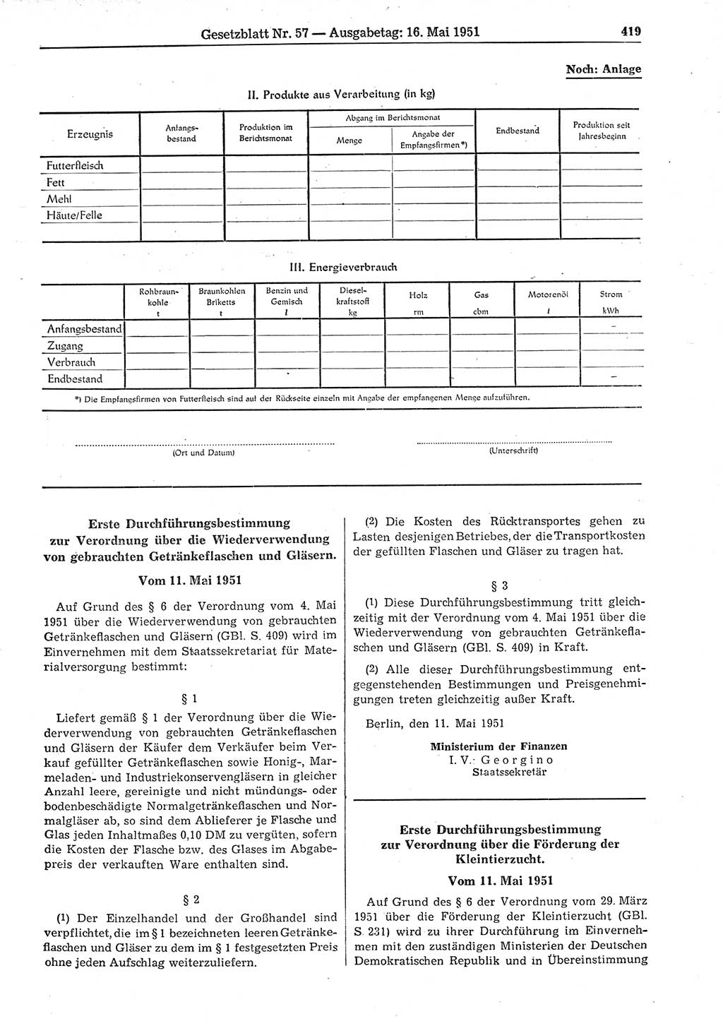 Gesetzblatt (GBl.) der Deutschen Demokratischen Republik (DDR) 1951, Seite 419 (GBl. DDR 1951, S. 419)