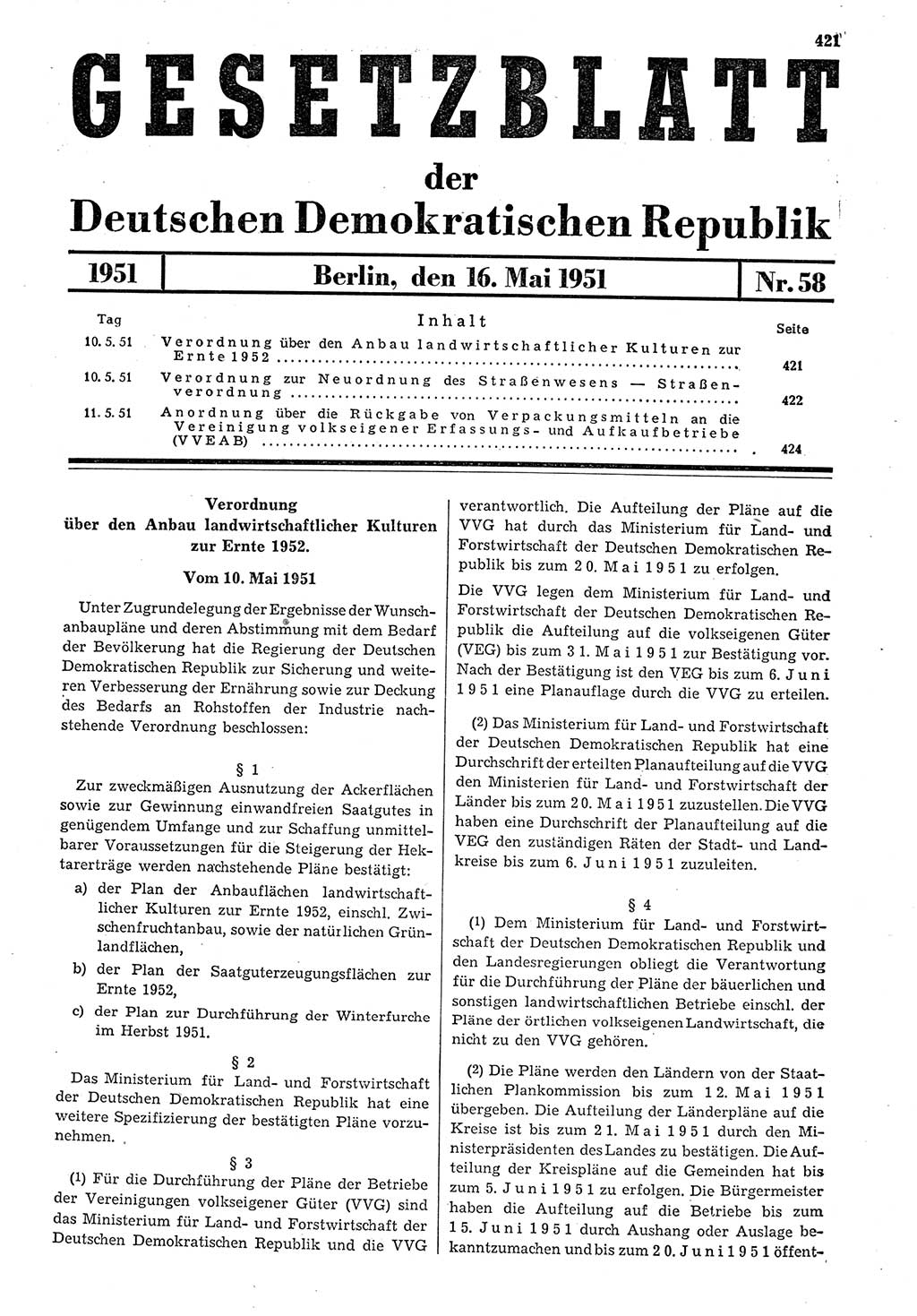 Gesetzblatt (GBl.) der Deutschen Demokratischen Republik (DDR) 1951, Seite 421 (GBl. DDR 1951, S. 421)