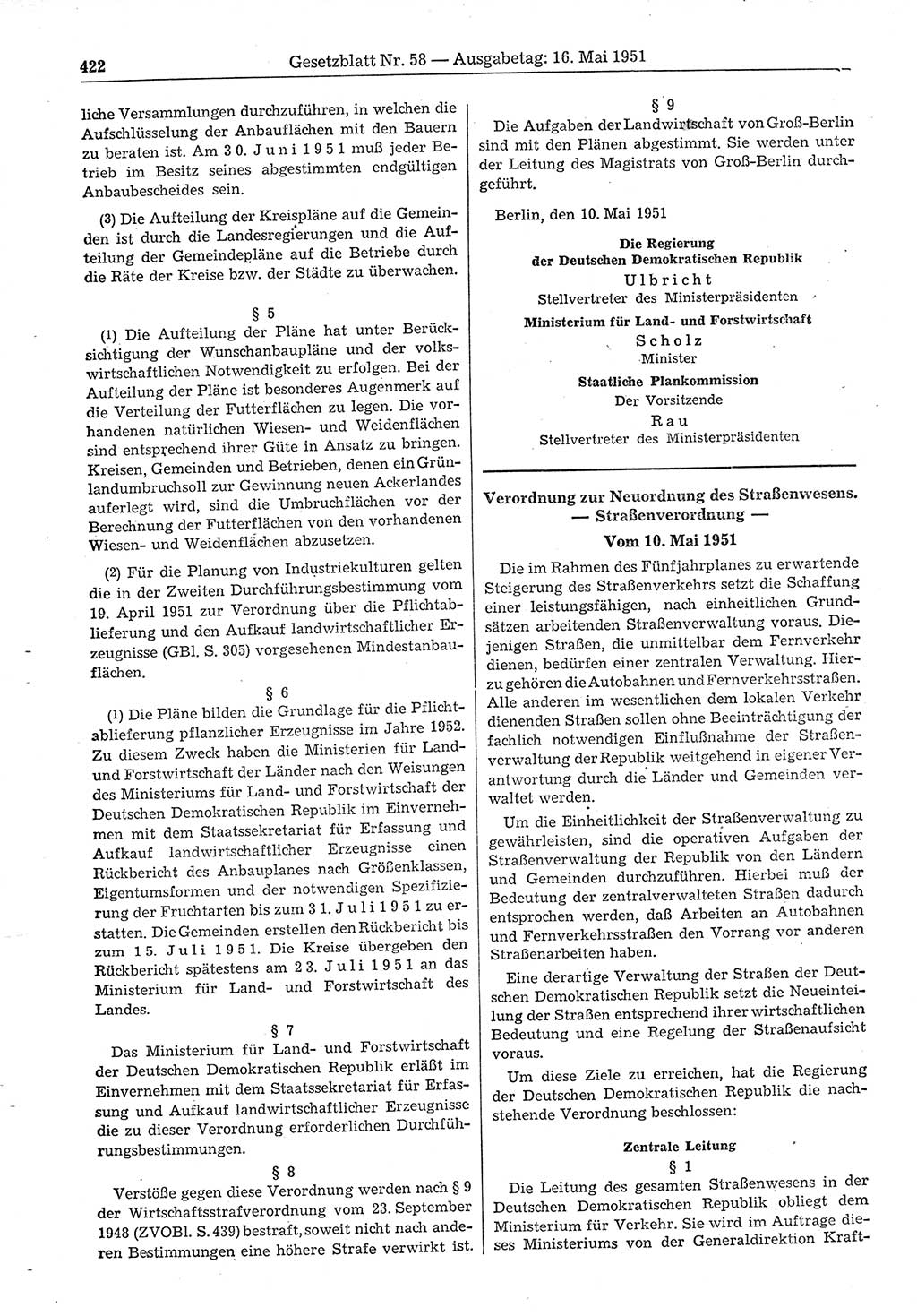 Gesetzblatt (GBl.) der Deutschen Demokratischen Republik (DDR) 1951, Seite 422 (GBl. DDR 1951, S. 422)