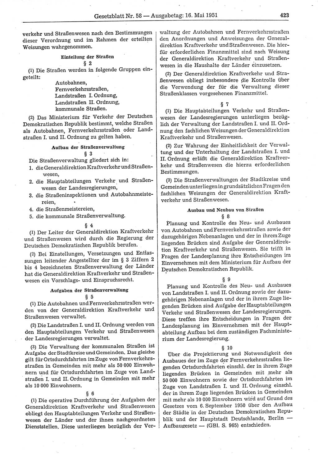 Gesetzblatt (GBl.) der Deutschen Demokratischen Republik (DDR) 1951, Seite 423 (GBl. DDR 1951, S. 423)