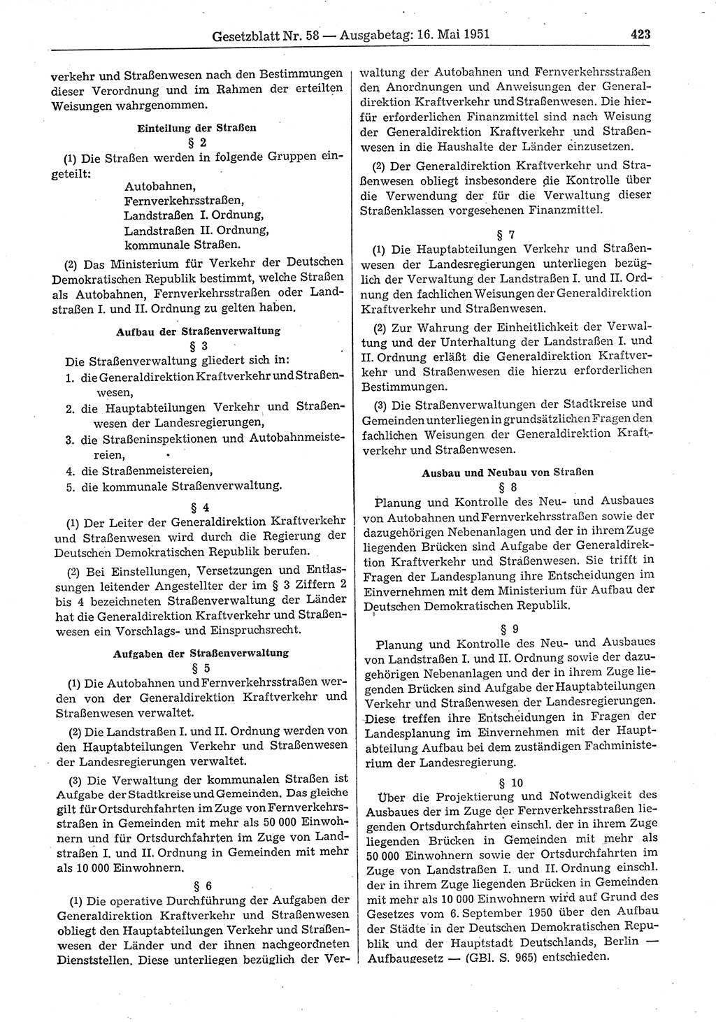 Gesetzblatt (GBl.) der Deutschen Demokratischen Republik (DDR) 1951, Seite 423 (GBl. DDR 1951, S. 423)