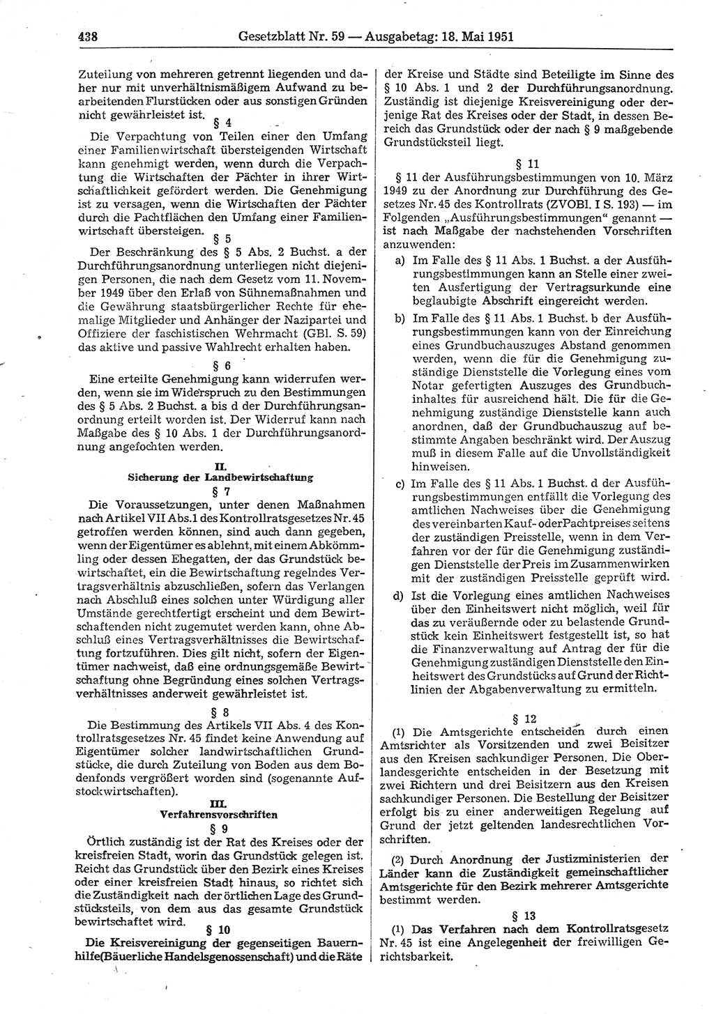 Gesetzblatt (GBl.) der Deutschen Demokratischen Republik (DDR) 1951, Seite 438 (GBl. DDR 1951, S. 438)