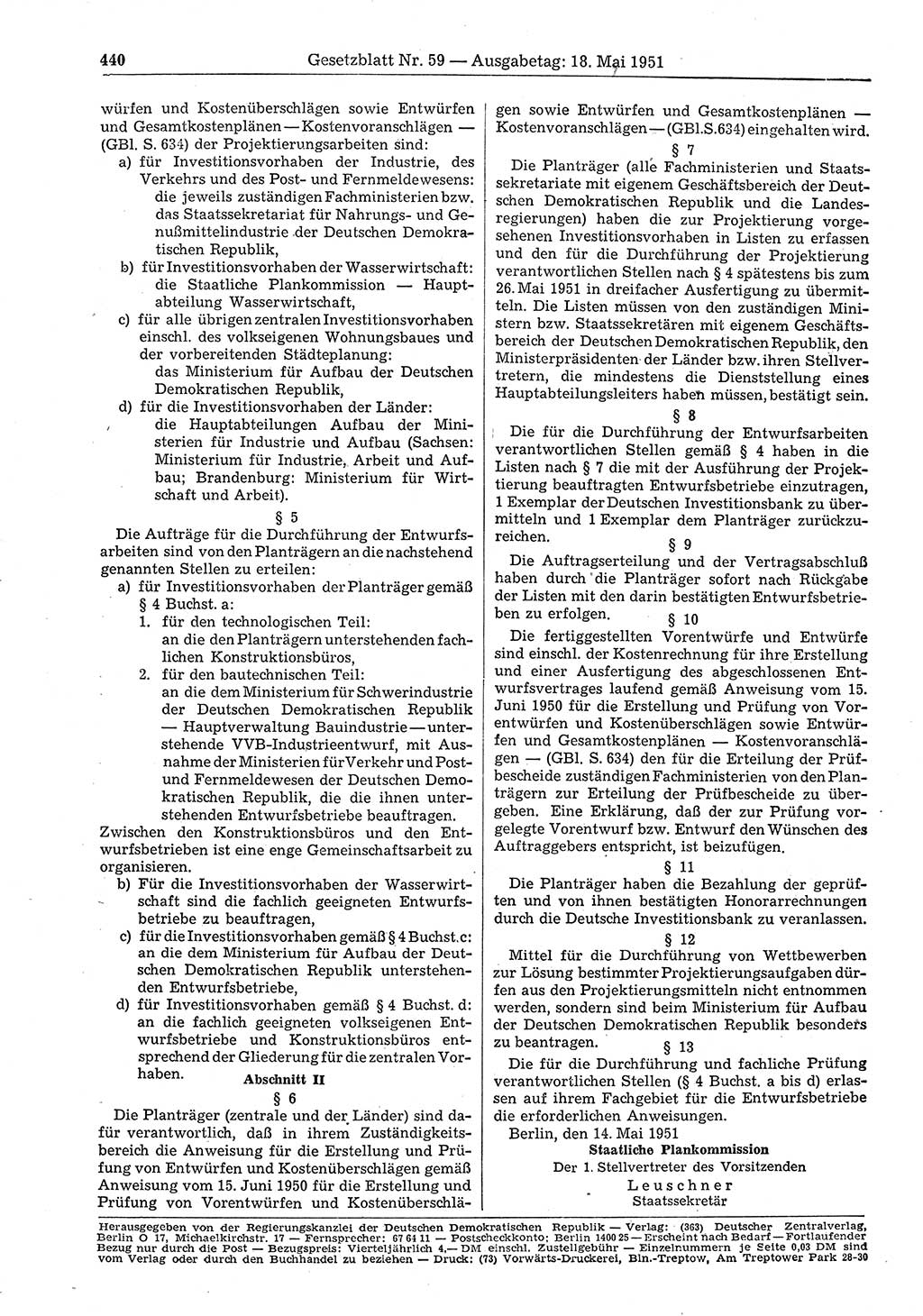 Gesetzblatt (GBl.) der Deutschen Demokratischen Republik (DDR) 1951, Seite 440 (GBl. DDR 1951, S. 440)