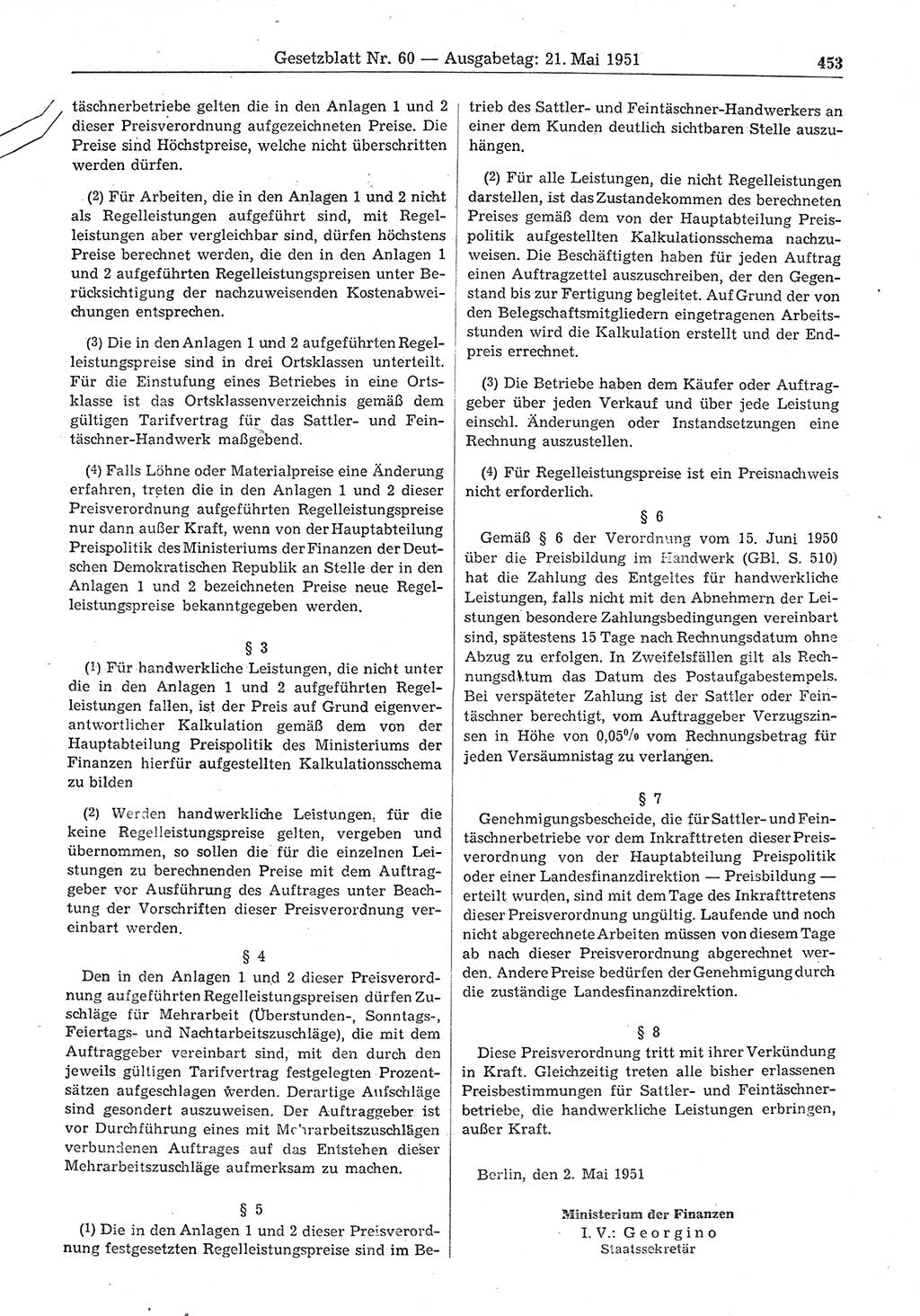 Gesetzblatt (GBl.) der Deutschen Demokratischen Republik (DDR) 1951, Seite 453 (GBl. DDR 1951, S. 453)