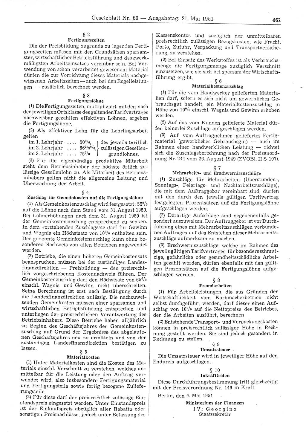 Gesetzblatt (GBl.) der Deutschen Demokratischen Republik (DDR) 1951, Seite 461 (GBl. DDR 1951, S. 461)