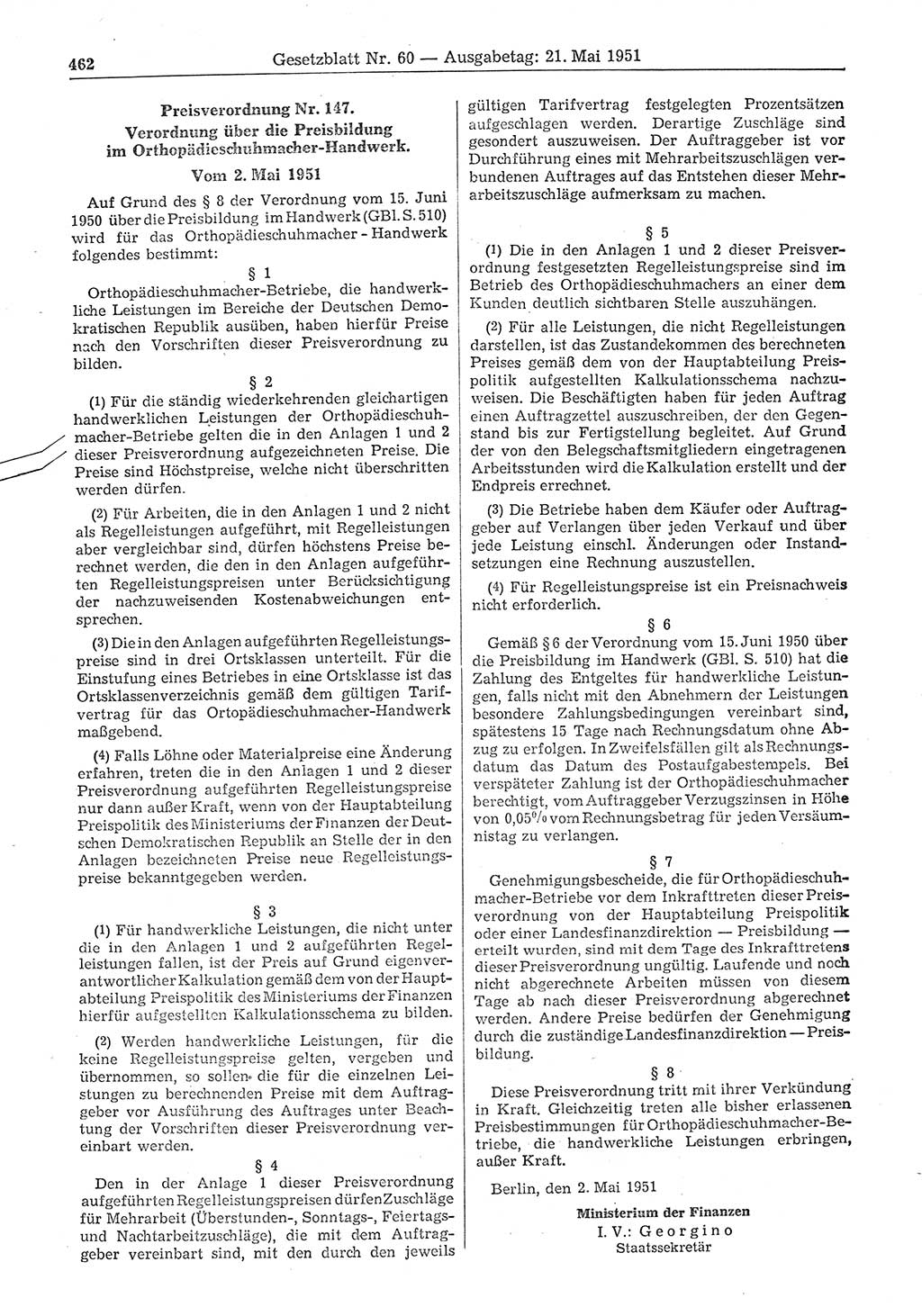 Gesetzblatt (GBl.) der Deutschen Demokratischen Republik (DDR) 1951, Seite 462 (GBl. DDR 1951, S. 462)