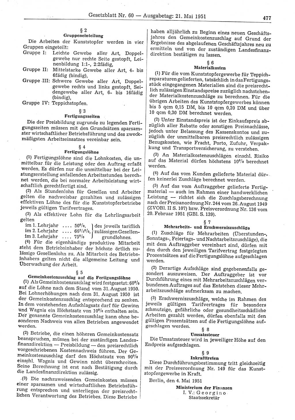 Gesetzblatt (GBl.) der Deutschen Demokratischen Republik (DDR) 1951, Seite 477 (GBl. DDR 1951, S. 477)