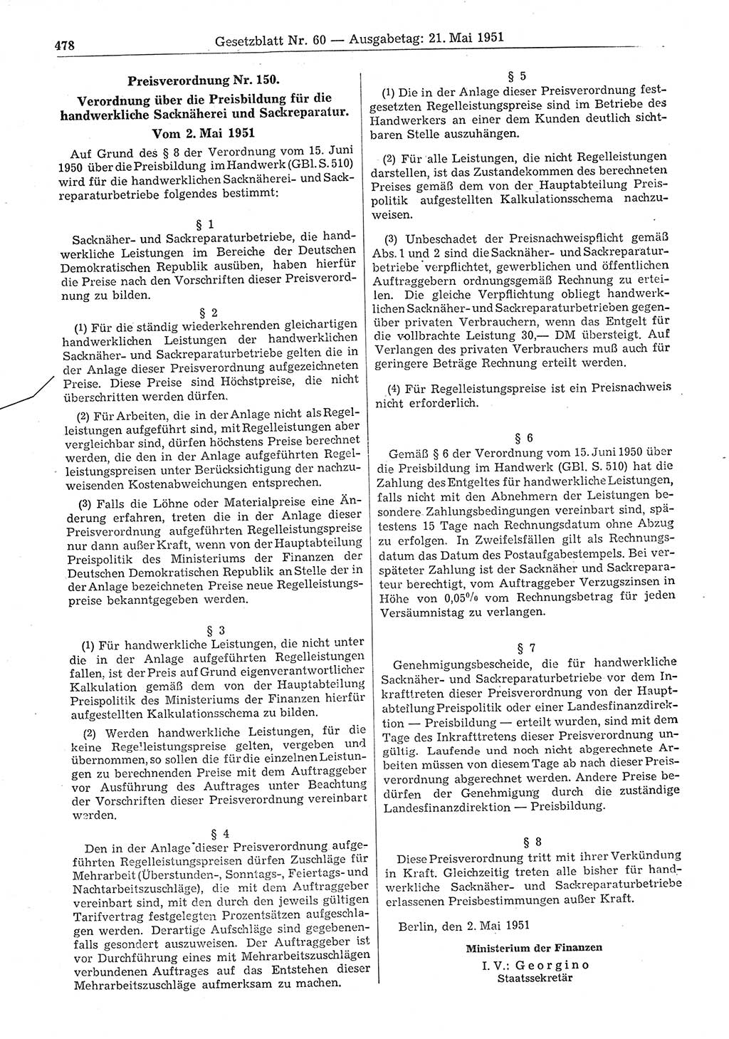 Gesetzblatt (GBl.) der Deutschen Demokratischen Republik (DDR) 1951, Seite 478 (GBl. DDR 1951, S. 478)