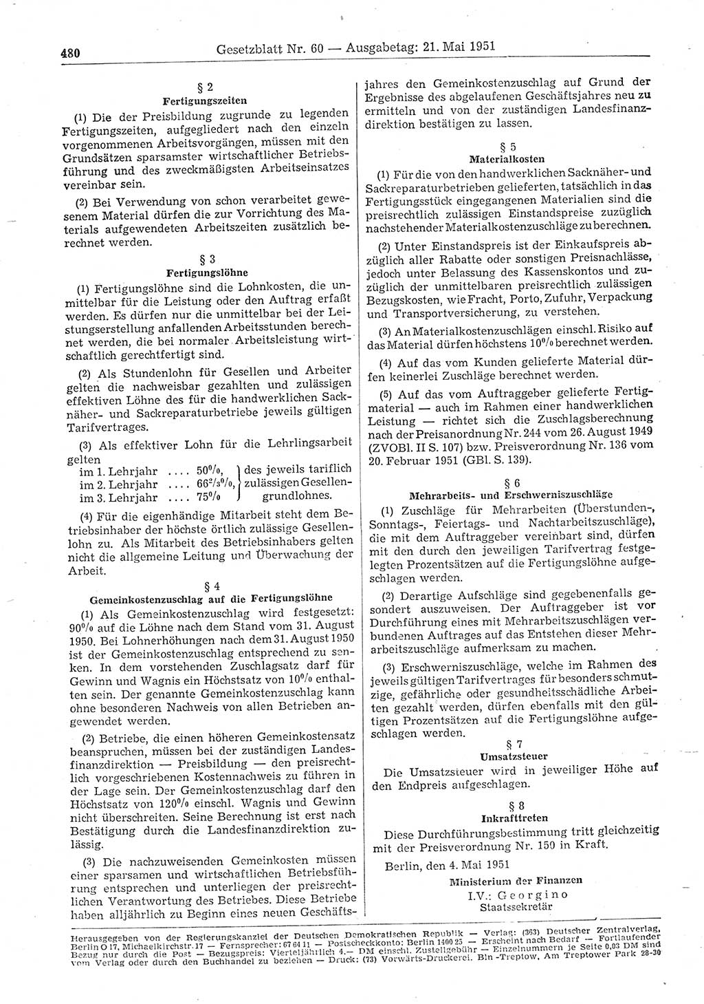 Gesetzblatt (GBl.) der Deutschen Demokratischen Republik (DDR) 1951, Seite 480 (GBl. DDR 1951, S. 480)
