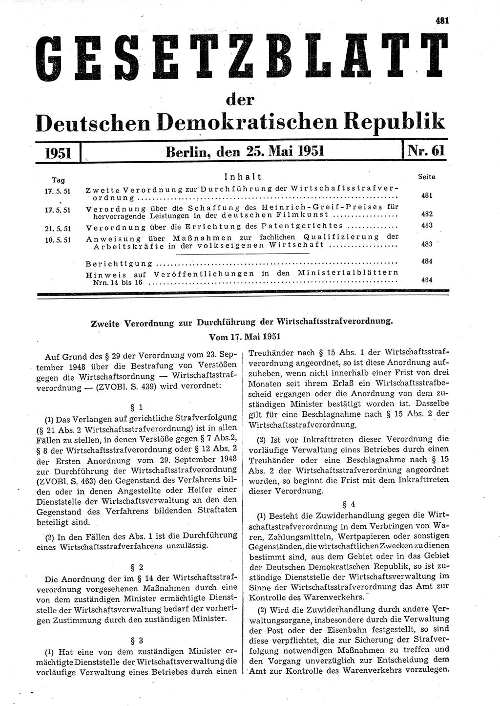 Gesetzblatt (GBl.) der Deutschen Demokratischen Republik (DDR) 1951, Seite 481 (GBl. DDR 1951, S. 481)