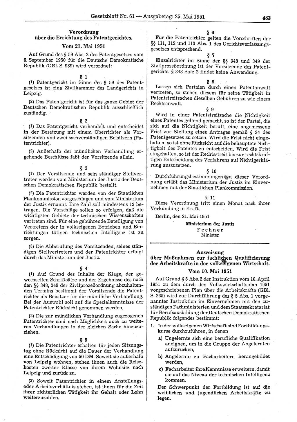 Gesetzblatt (GBl.) der Deutschen Demokratischen Republik (DDR) 1951, Seite 483 (GBl. DDR 1951, S. 483)