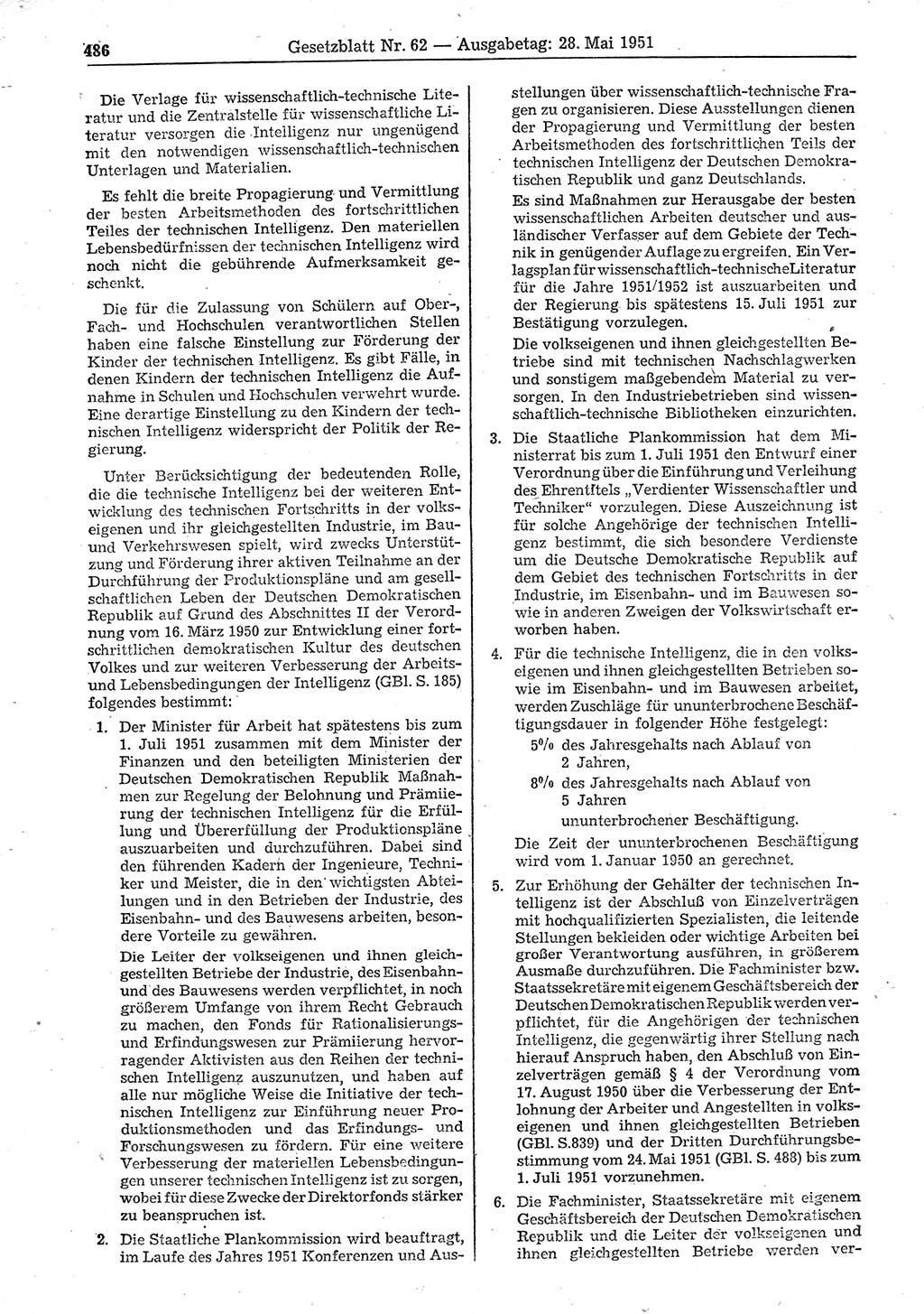 Gesetzblatt (GBl.) der Deutschen Demokratischen Republik (DDR) 1951, Seite 486 (GBl. DDR 1951, S. 486)