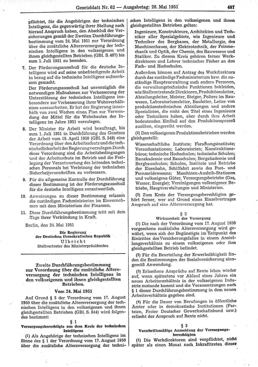 Gesetzblatt (GBl.) der Deutschen Demokratischen Republik (DDR) 1951, Seite 487 (GBl. DDR 1951, S. 487)